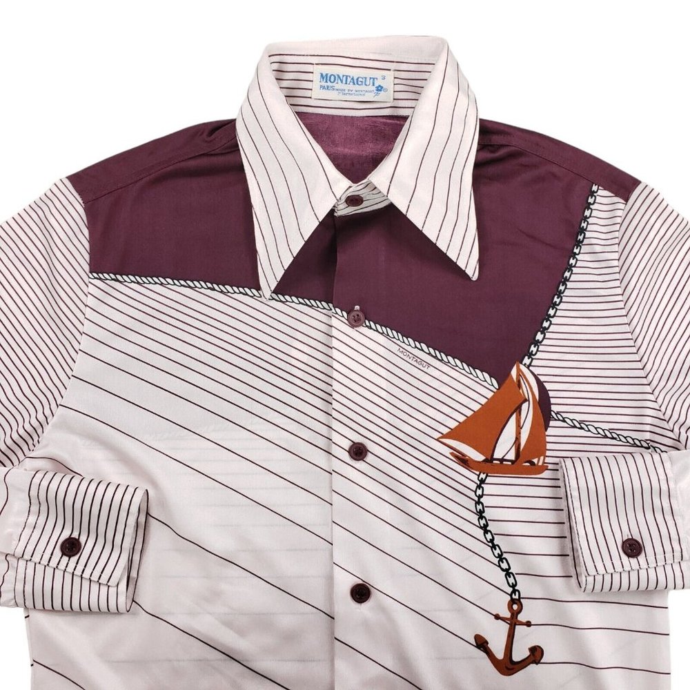Vintage Montagut Paris Sailboat Button Up Disco Shirt Mens Size 3 Sail Boat